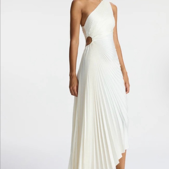 A.L.C. White Whisper  Satin Delfina Pleated Long Asymmetric One-Shoulder Dress - Picture 7 of 10